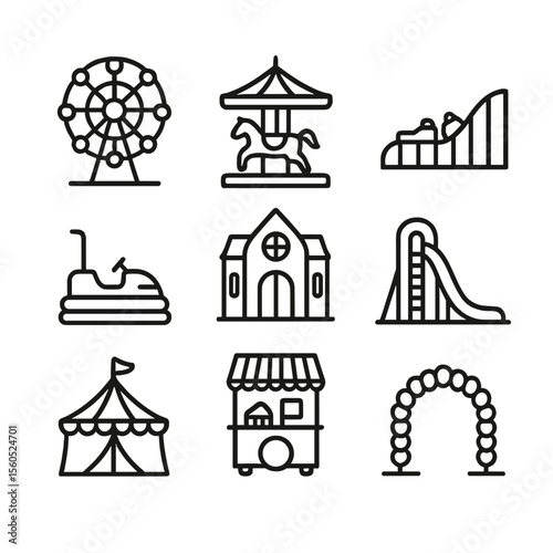 Carnival Icon Set. Outline icon set of carnival attractions: Ferris wheel, carousel, roller coaster, bumper cars, funhouse, giant