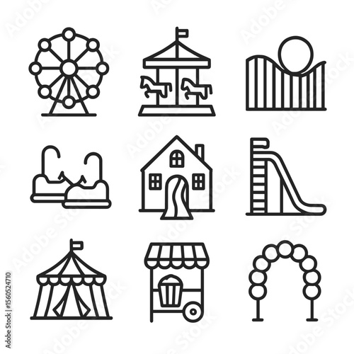 Carnival Icon Set. Outline icon set of carnival attractions: Ferris wheel, carousel, roller coaster, bumper cars, funhouse, giant