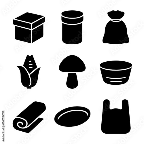 Biodegradable Packaging Icons. Solid, filled icon set of biodegradable packaging: paper box, cardboard tube, jute sack, cornstarch