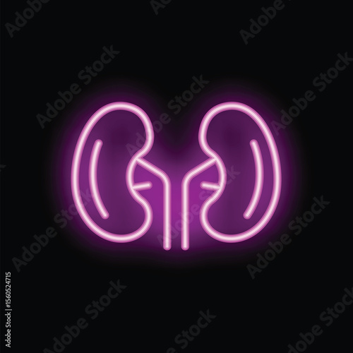 Neon sign is glowing purple and representing kidneys on a black background