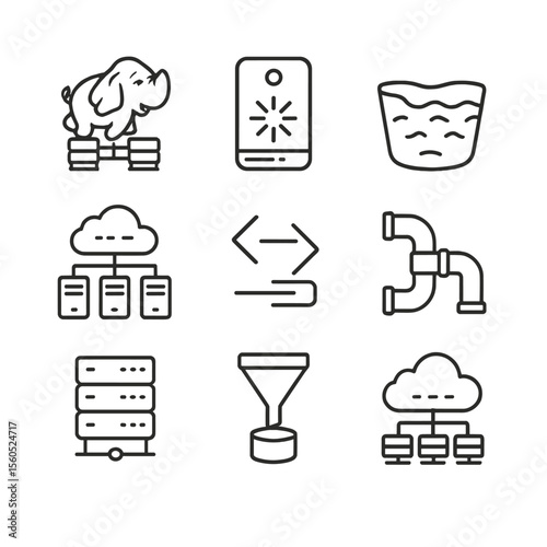 Big Data Icon Set. Outline icon set of Big Data Processing Frameworks: Hadoop cluster, Spark node, data lake symbol, distributed