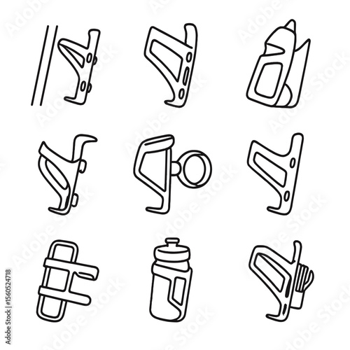Bike Bottle Cage Icons. Outline icon set of bike bottle cages: road frame mount, mountain bike side cage, aero bottle holder, seat