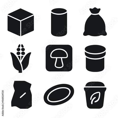 Biodegradable Packaging Icons. Solid, filled icon set of biodegradable packaging: paper box, cardboard tube, jute sack, cornstarch