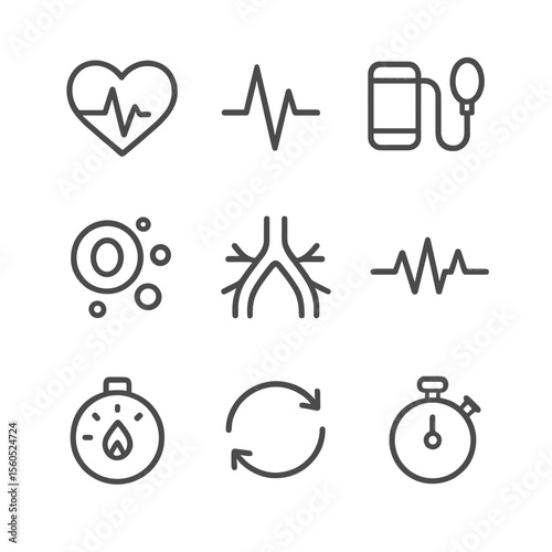Cardiovascular Icon Set. Outline icon set of cardiovascular responses to exercise: beating heart, elevated pulse icon, blood