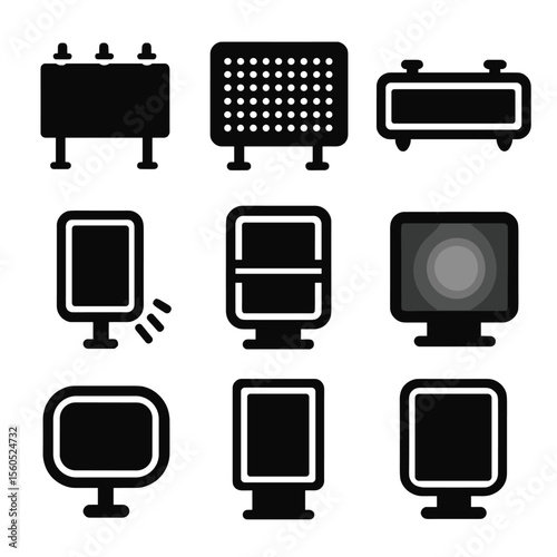 Billboard Icon Set. Solid, Filled icon set of billboard and ad lighting: floodlit billboard, LED display panel, scrolling marquee,