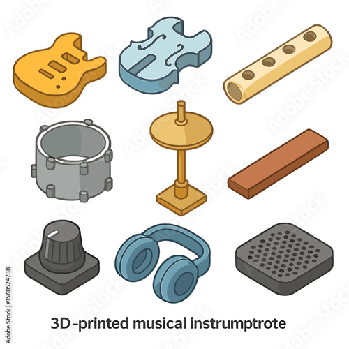 3D-Printed Music Icons. Isometric Flat icon set of 3D-printed musical instrument prototypes: guitar body, violin frame, flute