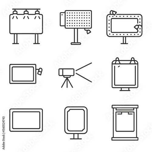 Billboard Lighting Icons. Outline icon set of billboard and ad lighting: floodlit billboard, LED display panel, scrolling marquee,