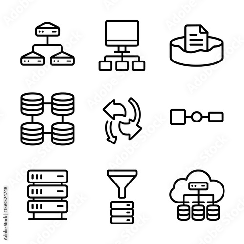 Big Data Icon Set. Outline icon set of Big Data Processing Frameworks: Hadoop cluster, Spark node, data lake symbol, distributed