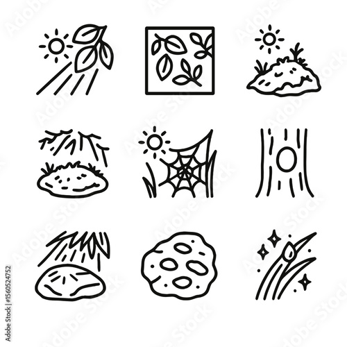 Dappled Sunlight Icon Set. Outline icon set of Dappled Sunlight Effects: sunbeam through leaves, leaf shadow pattern, glowing moss