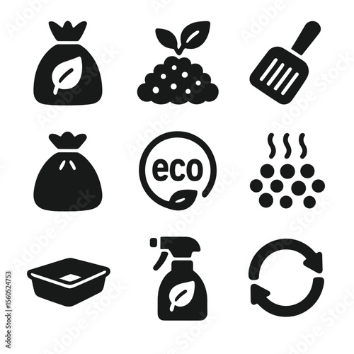 Biodegradable Waste Icons. Solid, Filled icon set of biodegradable waste solutions: compostable poop bags, biodegradable litter