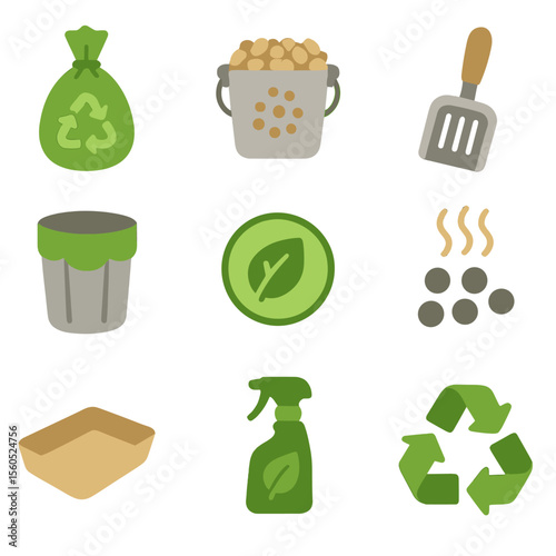 Biodegradable Waste Icons. Flat icon set of biodegradable waste solutions: compostable poop bags, biodegradable litter pellets,