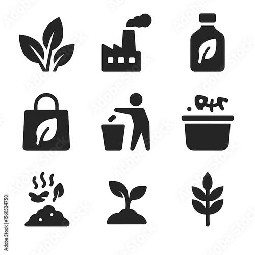 Biodegradable Lifecycle Icons. Solid, filled icon set of biodegradable product lifecycle: raw materials, production, packaging,