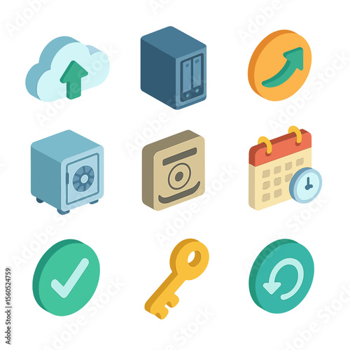 Data Backup Icons. Isometric Flat icon set of data backup solutions: cloud backup icon, on-premise NAS, incremental backup arrow,