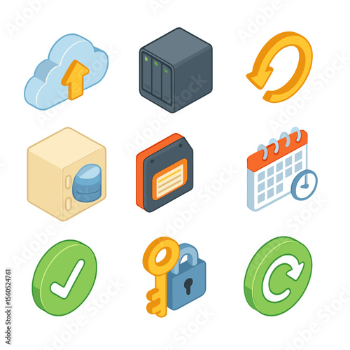 Data Backup Icons. Isometric Flat icon set of data backup solutions: cloud backup icon, on-premise NAS, incremental backup arrow,