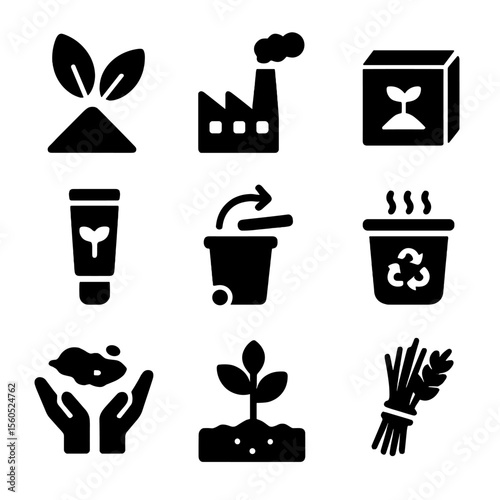 Biodegradable Lifecycle Icons. Solid, filled icon set of biodegradable product lifecycle: raw materials, production, packaging,