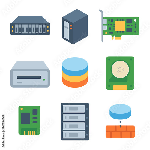 Data Storage Icons. Isometric Flat icon set of data storage solutions: SAN storage array, NAS device, RAID controller, tape drive,