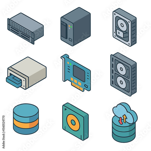 Data Storage Icons. Isometric Flat icon set of data storage solutions: SAN storage array, NAS device, RAID controller, tape drive,