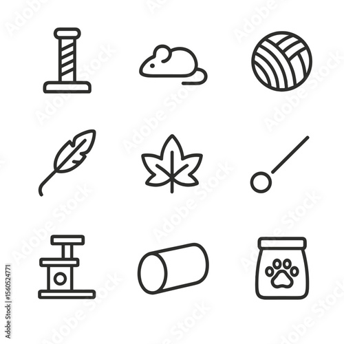 Cat Playtime Icons. Outline icon set of cat playtime: scratching post, toy mouse, ball of yarn, feather wand, catnip leaf, laser