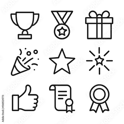 Celebration Icon Set. Outline icon set of reward and celebration: trophy cup, medal, gift box, confetti burst, star, firework