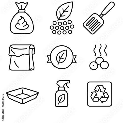 Biodegradable Waste Solutions. Outline icon set of biodegradable waste solutions: compostable poop bags, biodegradable litter