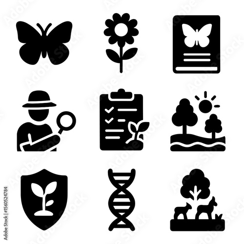 Biodiversity Icons Grid. Solid, filled icon set of biodiversity conservation: butterfly icon, native flower, species database,