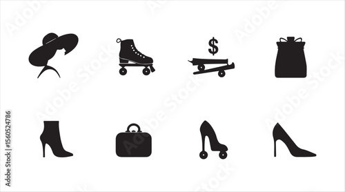 Monochrome icon set with fashion accessories and income symbols on clean white space.

