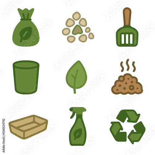 Biodegradable Waste Icons. Flat icon set of biodegradable waste solutions: compostable poop bags, biodegradable litter pellets,