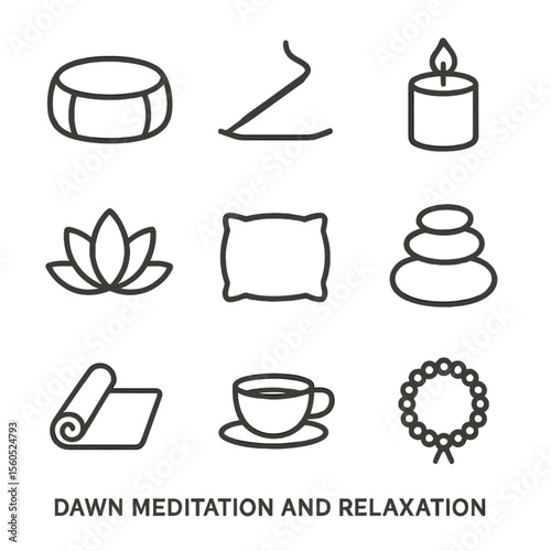 Dawn Meditation Icons. Outline icon set of dawn meditation and relaxation: meditation cushion, incense stick, candle, lotus flower
