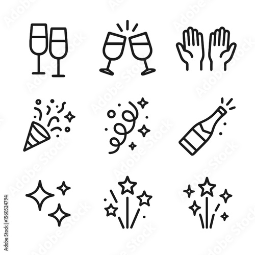 Celebration Icon Set. Outline icon set of celebratory toasts: champagne flutes, clinking glasses, raised hands, speech bubble