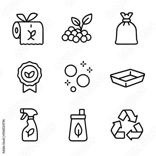 Biodegradable Waste Solutions. Outline icon set of biodegradable waste solutions: compostable poop bags, biodegradable litter
