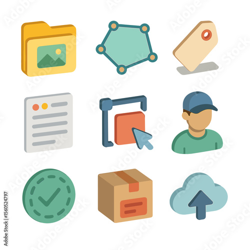 Dataset Icon Grid. Isometric Flat icon set of Dataset Curation and Annotation: image folder, annotation polygon, label tag,