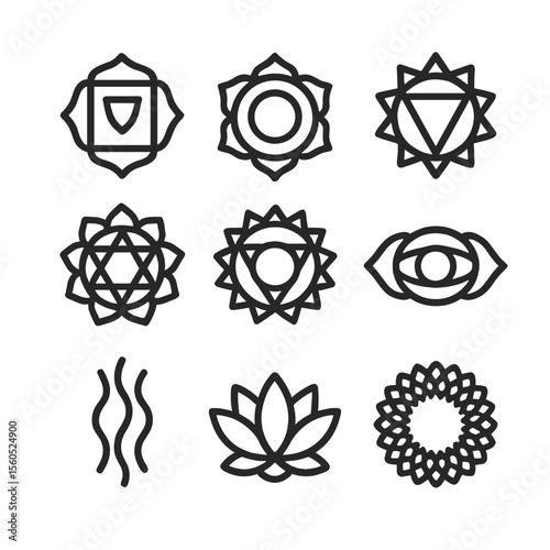 Chakra Icons Grid. Outline icon set of chakra alignment: root chakra, sacral chakra, solar plexus chakra, heart chakra, throat