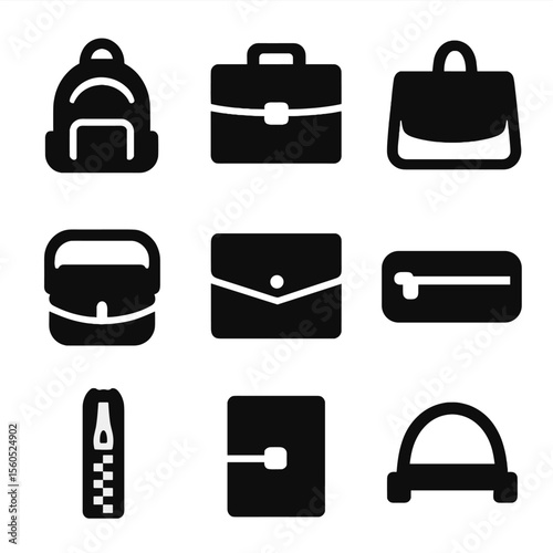 Black Bag Icons. Solid, filled icon set of school and work bags: backpack, briefcase, laptop bag, shoulder strap, work folder,