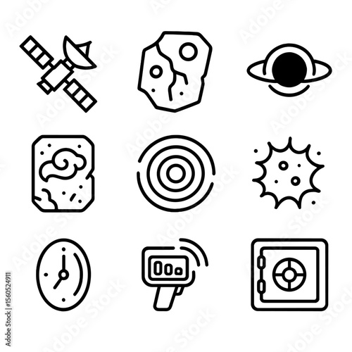 Deep Space Icons Set. Outline icon set of deep space exploration archaeology: deep space probe, starship hull fragment, black hole