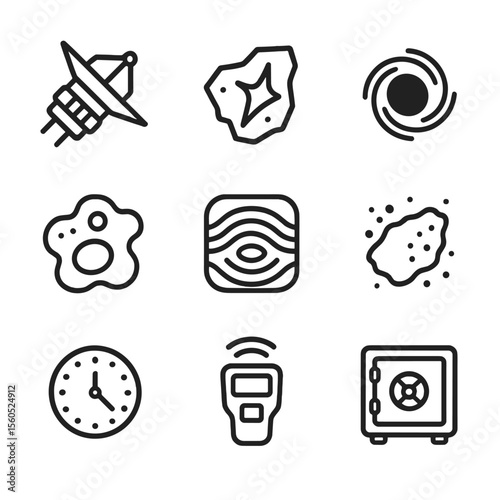 Deep Space Icons Set. Outline icon set of deep space exploration archaeology: deep space probe, starship hull fragment, black hole