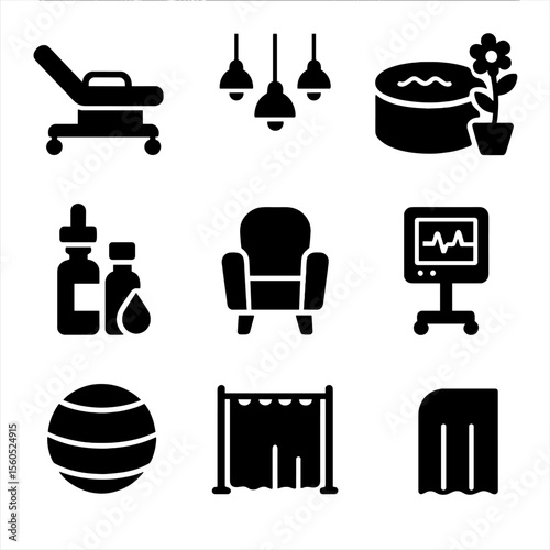 Birth Center Icons. Solid, filled icon set of birth center environment: delivery bed, dim lights, water tub, calm decor, essential