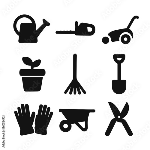 Black Garden Tool Icons. Solid, filled icon set of garden maintenance help: watering can, hedge trimmer, lawn mower, plant pot,