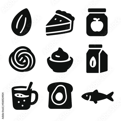 Black Food Icons. Solid, filled icon set of A food items: almond, apple pie, apricot jam, angel hair pasta, aioli, almond milk,