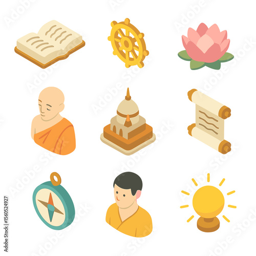 Dharma Icon Grid. Isometric Flat icon set of dharma teachings: open sutra book, Dharma wheel, lotus flower, monk avatar, temple