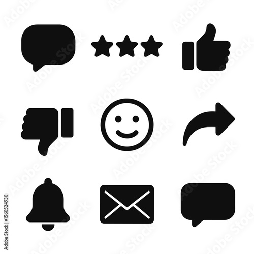 Black Engagement Icons. Solid, filled icon set of engagement and feedback: chat bubble, star rating, thumbs up, thumbs down,