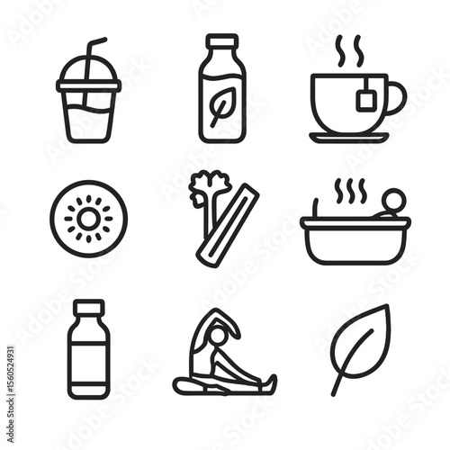 Detox Retreat Icons. Outline icon set of detox retreat features: juice cleanse cup, green smoothie bottle, detox tea cup, kiwi