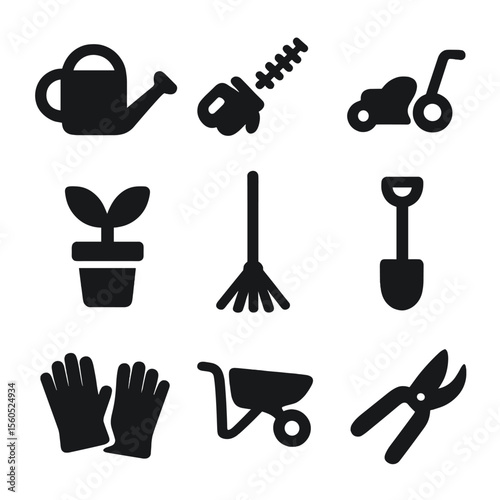 Black Garden Tool Icons. Solid, filled icon set of garden maintenance help: watering can, hedge trimmer, lawn mower, plant pot,
