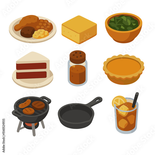 Black Cuisine Icon Set. Isometric Flat icon set of Black Cuisine and Food: soul food plate, cornbread, collard greens bowl, red