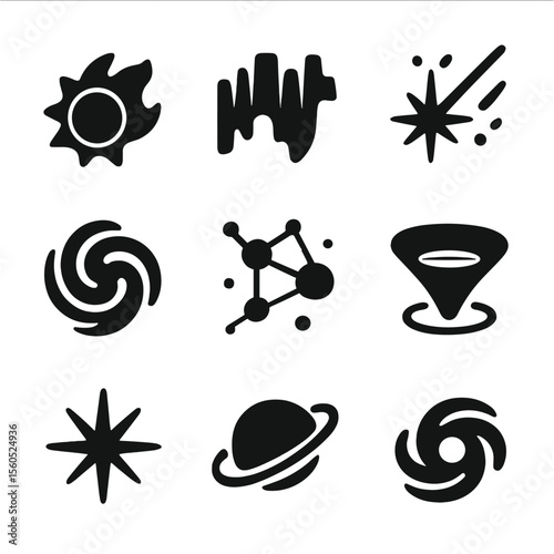 Black Cosmic Icon Grid. Solid, filled icon set of cosmic phenomena: solar flare, aurora borealis, cosmic rays, nebula swirl, dark