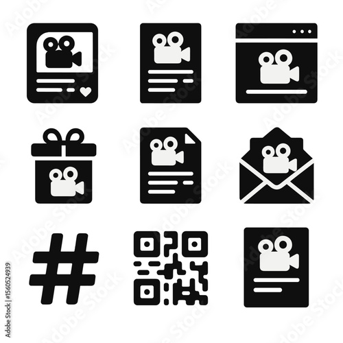 Black Film Icons Grid. Solid, filled icon set of film festival marketing: social media post, flyer, website page, sponsor logo,