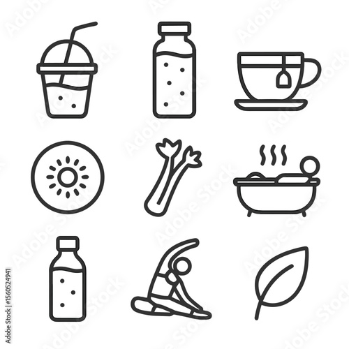 Detox Retreat Icons. Outline icon set of detox retreat features: juice cleanse cup, green smoothie bottle, detox tea cup, kiwi
