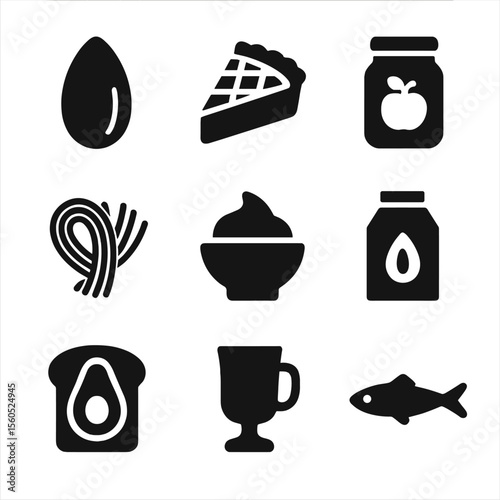 Black Food Icons. Solid, filled icon set of A food items: almond, apple pie, apricot jam, angel hair pasta, aioli, almond milk,