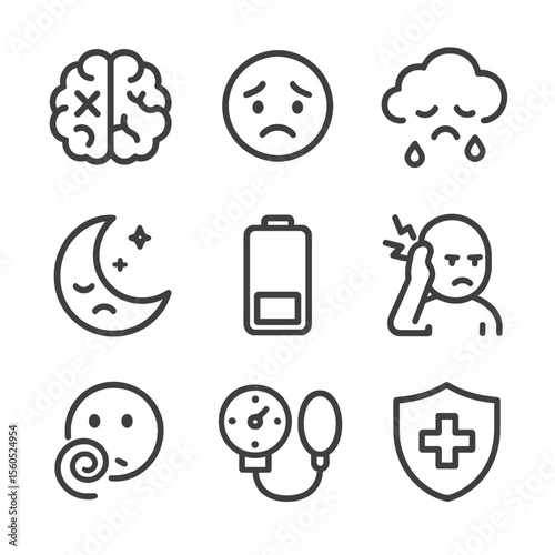 Chronic Stress Icons. Outline icon set of chronic stress effects: memory loss brain, anxiety face, depression cloud, insomnia moon