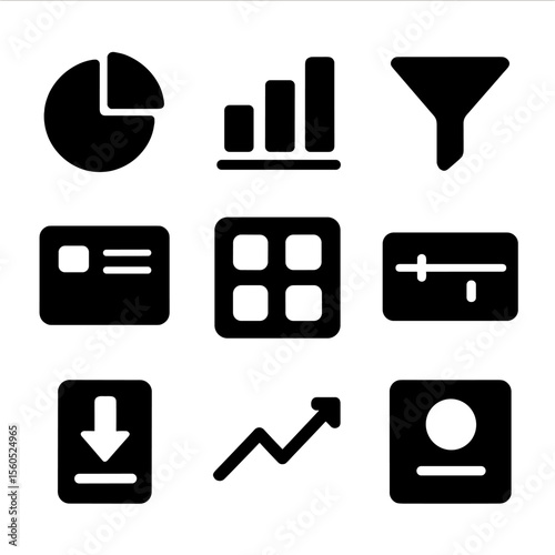Black Dashboard Icons. Solid, filled icon set of visual dashboards: pie chart, bar graph, data card, filter toggle, widgets panel,