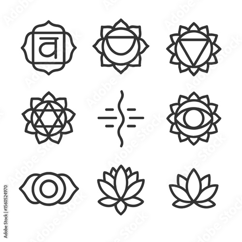 Chakra Icons Grid. Outline icon set of chakra alignment: root chakra, sacral chakra, solar plexus chakra, heart chakra, throat